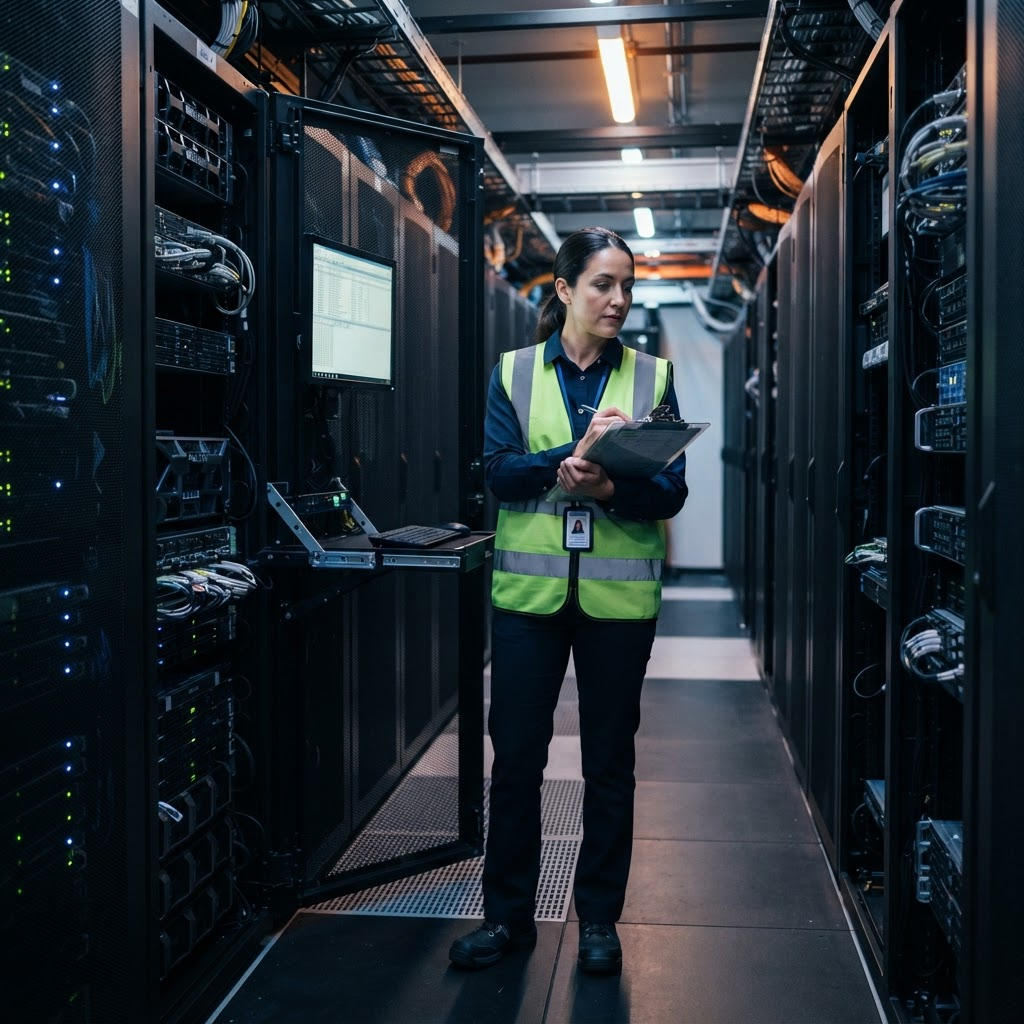 An auditor reviewing a clipboard checklist while inspecting a datacenter server rack and workstation