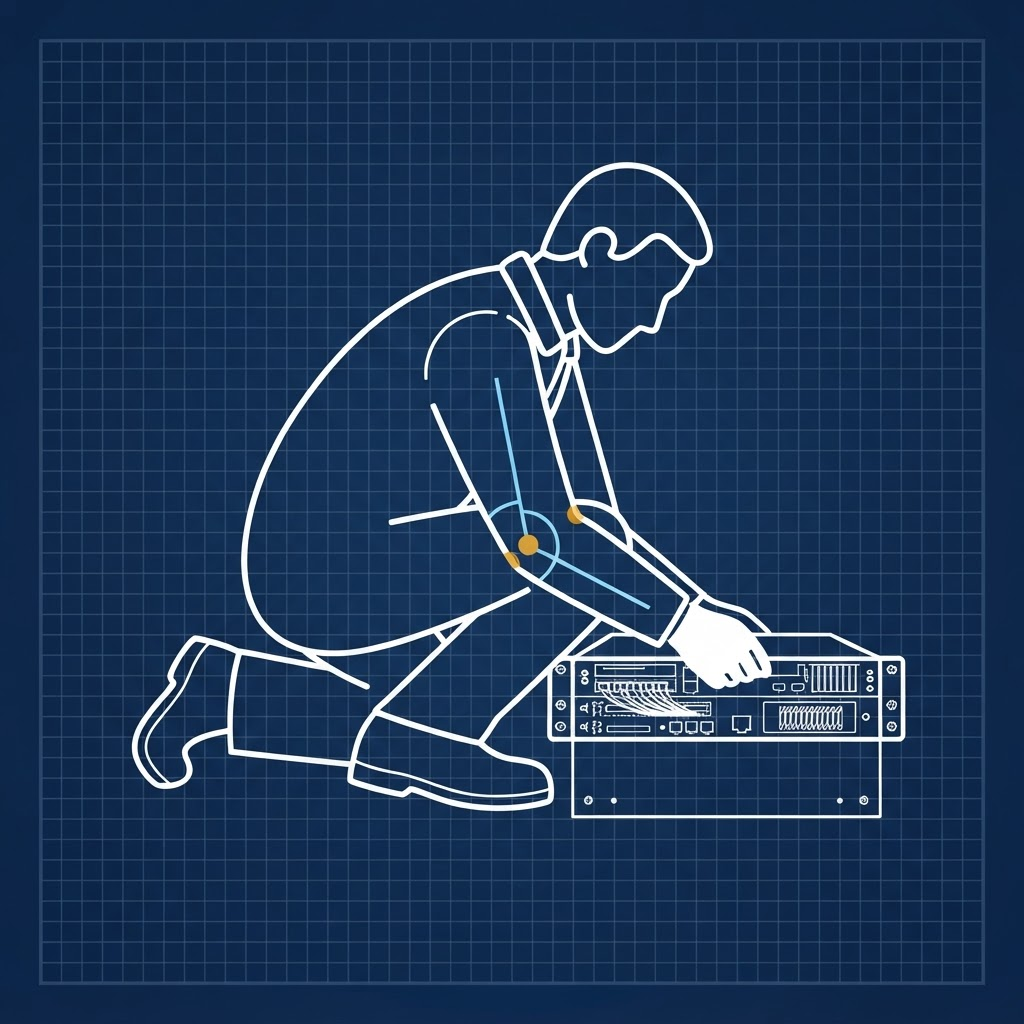 Diagram of a technician crouched at a low server rack with elbows bent close to the body and the elbow angle marked