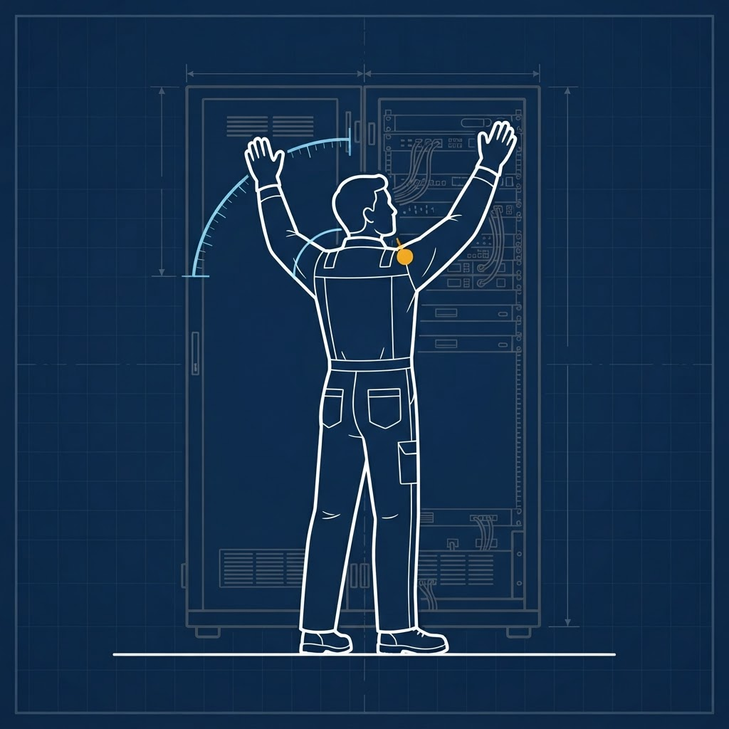 Diagram of a technician reaching overhead into a server rack with the shoulder abduction angle marked