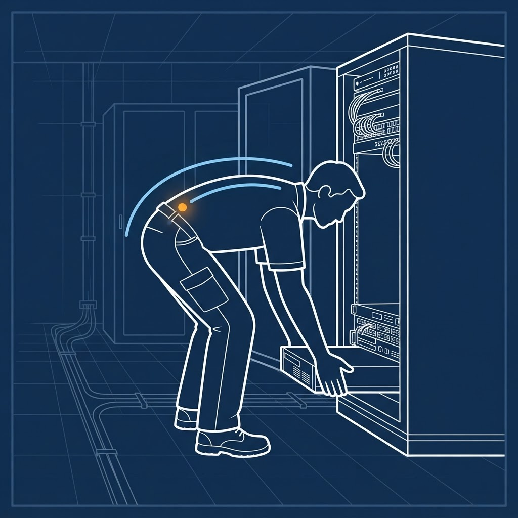 Diagram of a technician bending forward at the waist to reach a low server rack with the spinal flexion angle marked