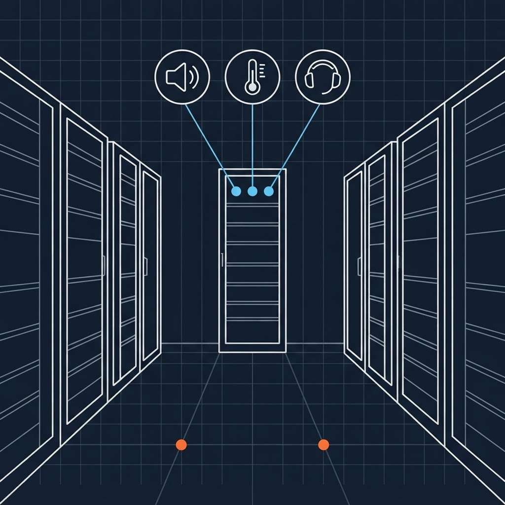 Diagram of a datacenter aisle with noise, temperature, and hearing-protection risk symbols connected by leader lines