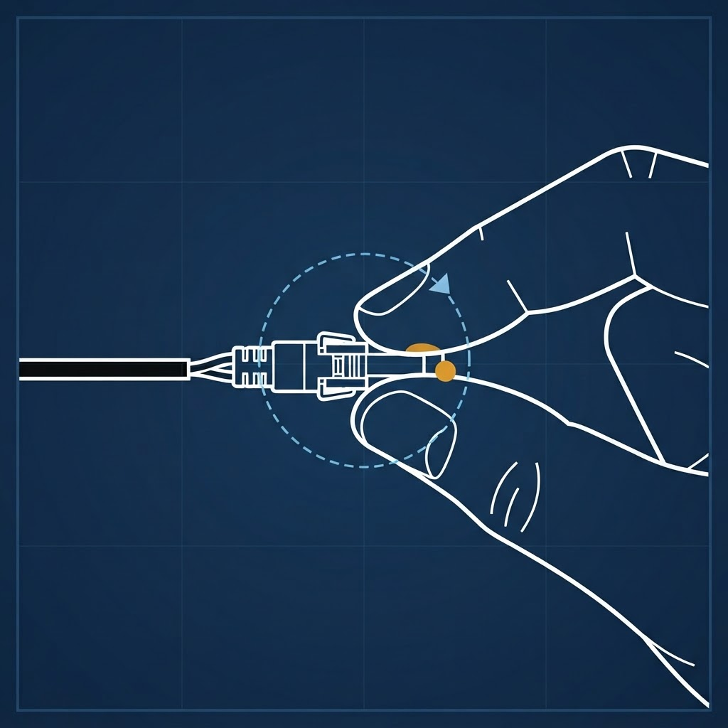 Diagram of fingers pinching a small cable connector with the pinch point circled