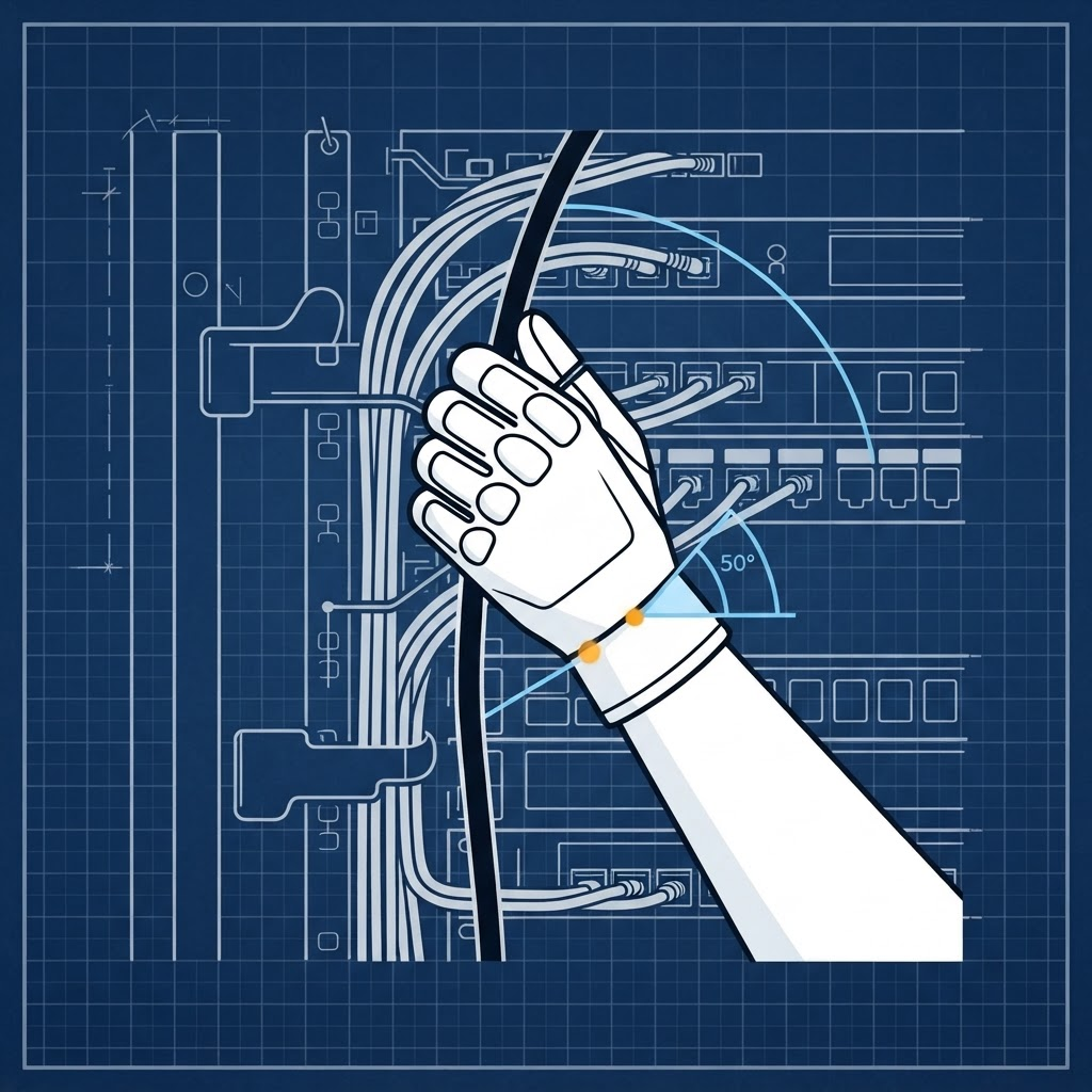 Diagram of a gloved hand bent sideways at the wrist while gripping a cable, with the wrist deviation angle marked
