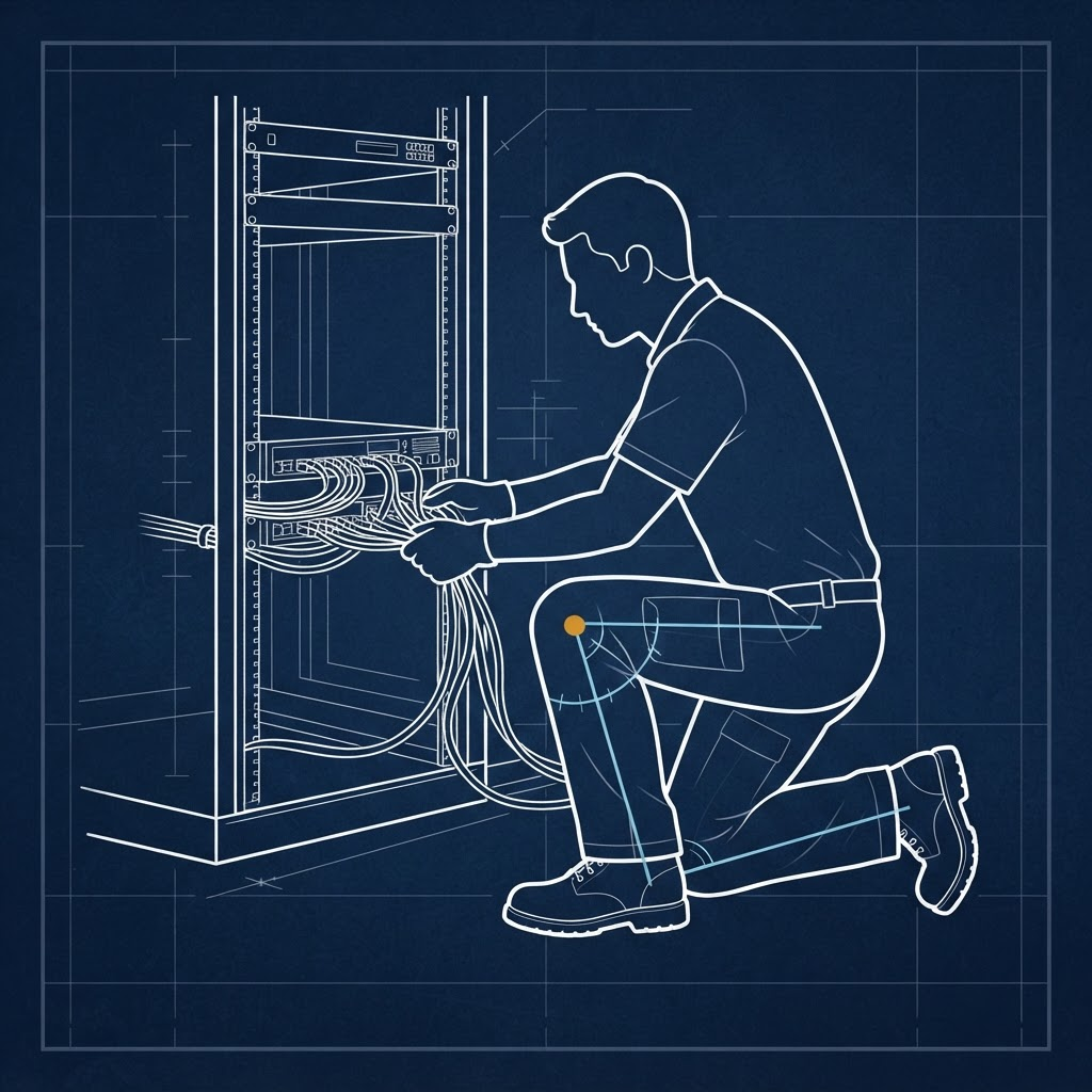 Diagram of a technician kneeling on the floor working on a low server rack cable with the knee angle marked