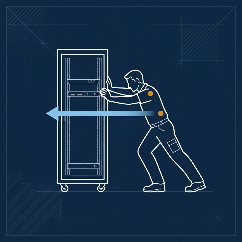 Diagram of a technician pushing a heavy server rack cabinet across the floor with the push force vector marked