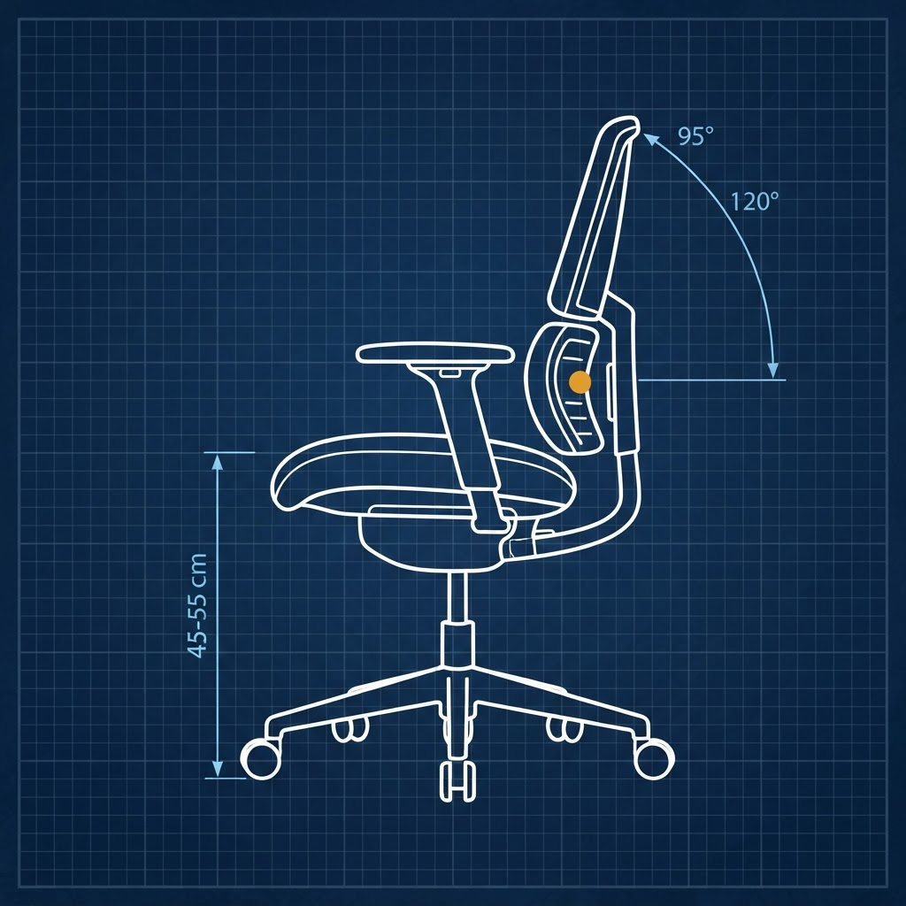 Diagram of an ergonomic office chair with backrest angle and seat height adjustment ranges marked