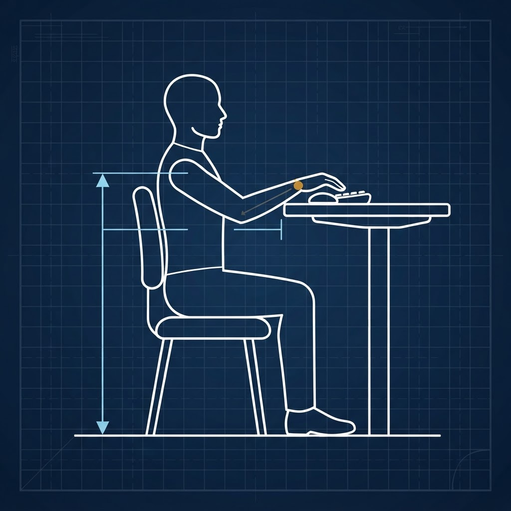 Diagram of a person seated at a desk that is too high, reaching upward to the keyboard with desk height measured against elbow height