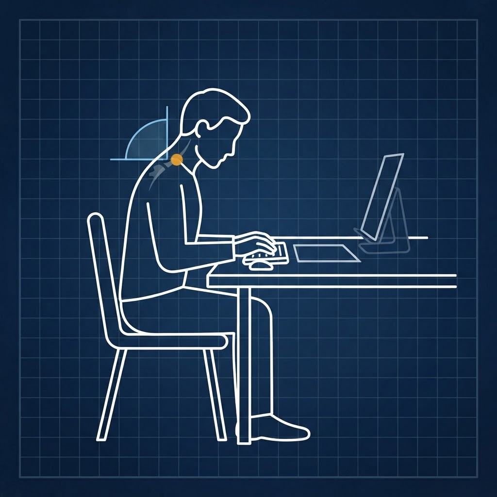 Diagram of a person looking down at a document lying flat on a desk, next to an upright document holder shown as the correct alternative
