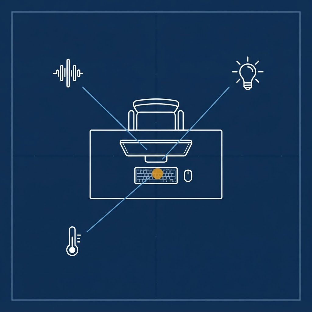 Diagram of an office workstation with noise, lighting, and temperature risk symbols connected by leader lines