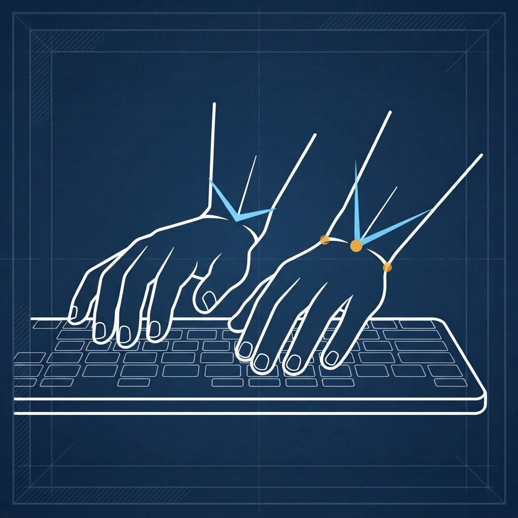 Diagram of hands typing on a keyboard with wrists bent upward and the wrist angle marked