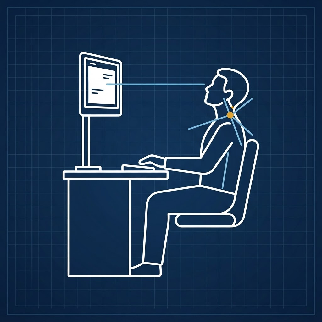 Diagram of a person looking up at a monitor set too high, with eye-line and neck tilt angle marked