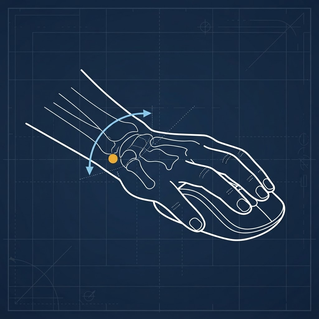Diagram of a hand gripping a mouse in a twisted, pronated wrist position with the rotation angle marked