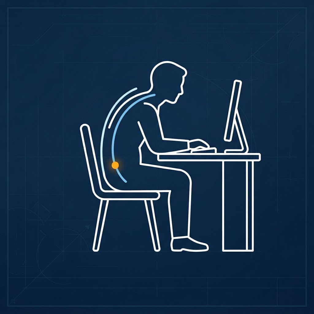 Diagram of a person seated in a slouched, hunched posture with the poor spinal curve highlighted