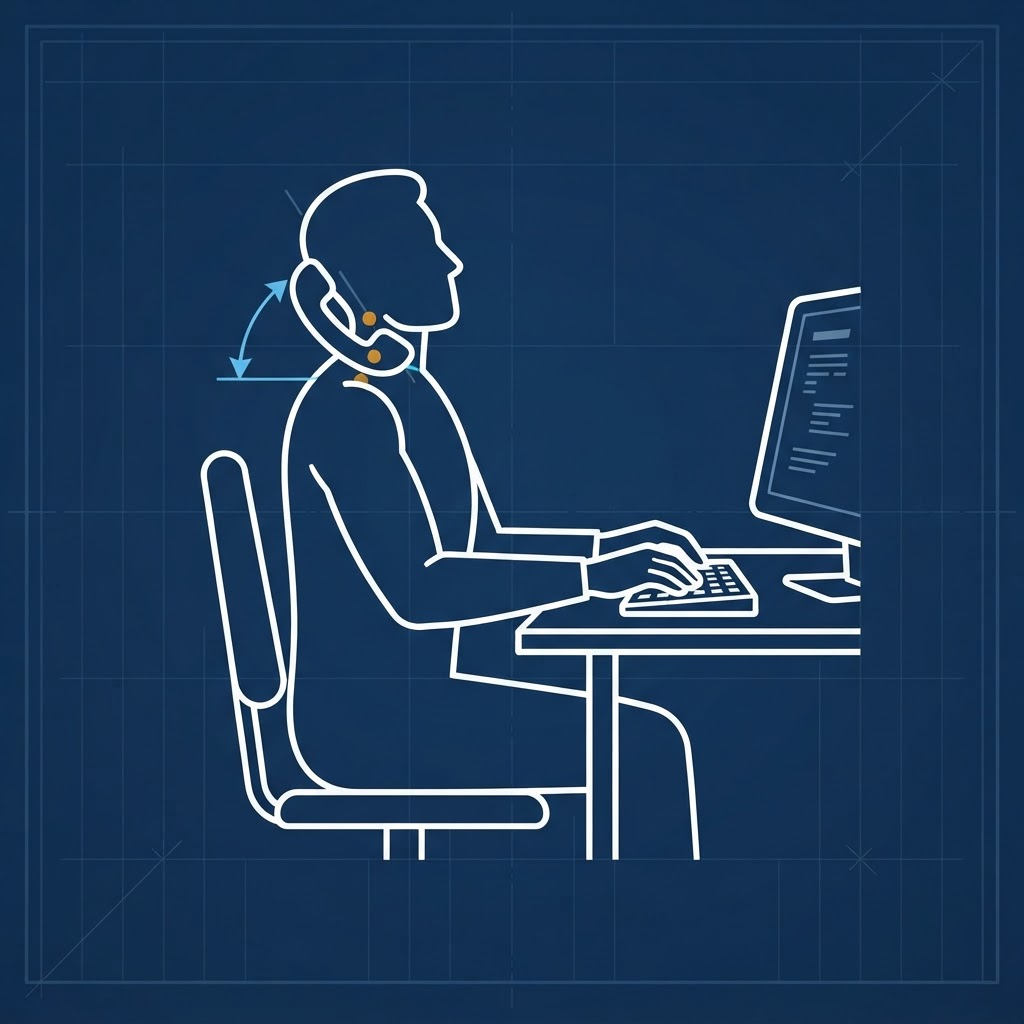 Diagram of a person tilting their head sideways to hold a telephone receiver against their ear while typing