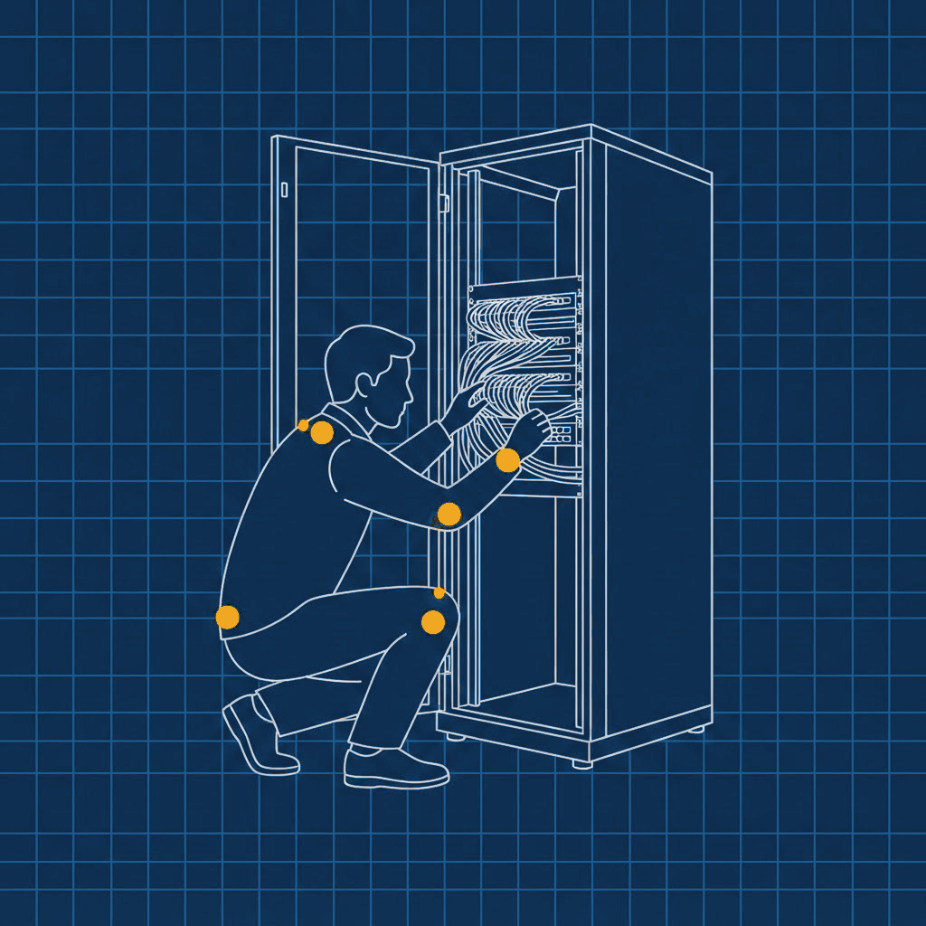 Diagram of a technician crouched at an open server rack, with stress points marked at the shoulder, elbow, wrist, back, and knee
