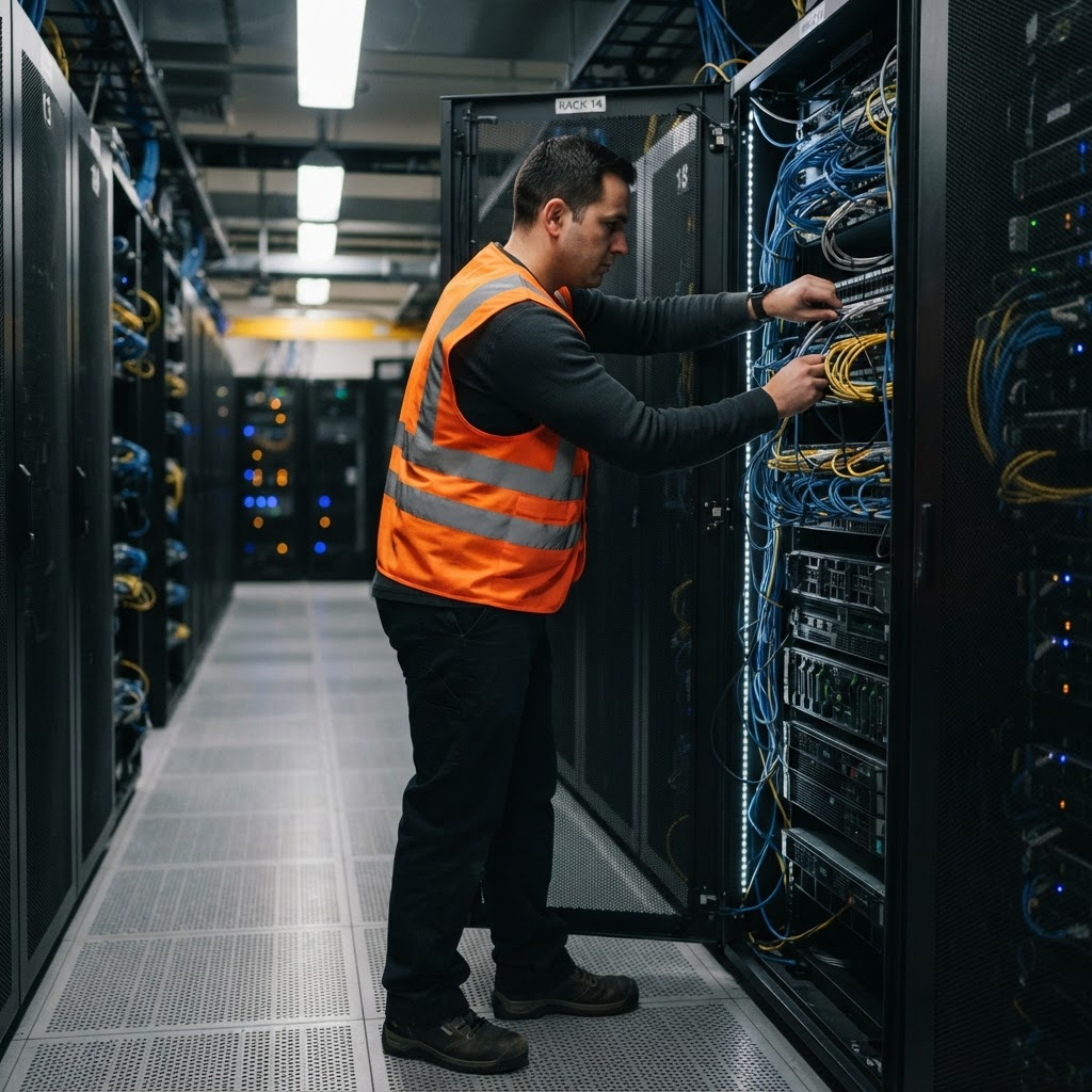 A technician reaching into an open server rack to adjust cabling