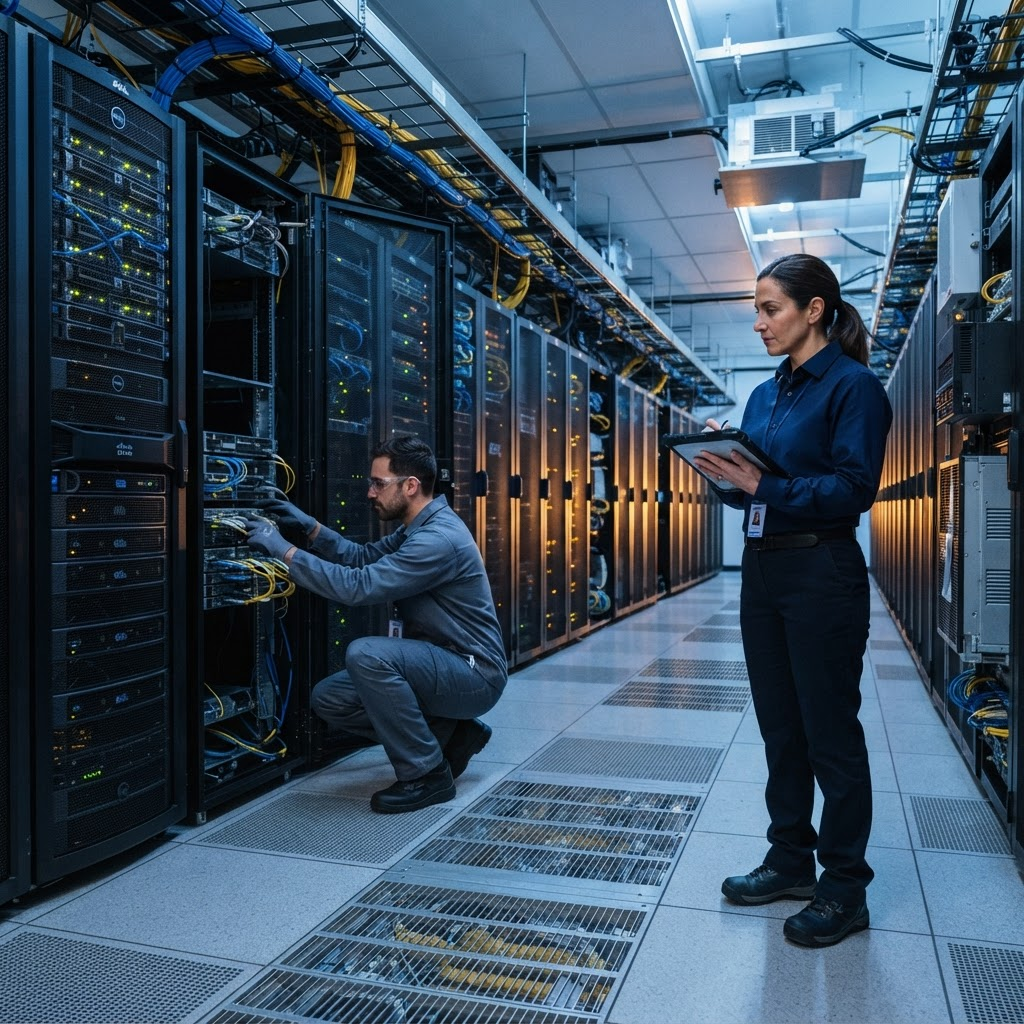 An ergonomics evaluator observing a technician working in a datacenter aisle and taking notes on a tablet