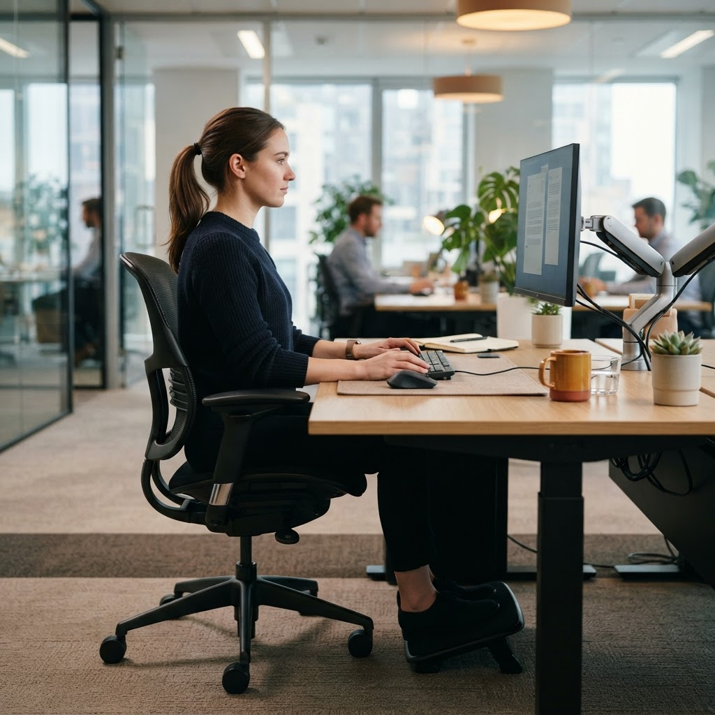 A worker seated with correct posture at an ergonomic office workstation