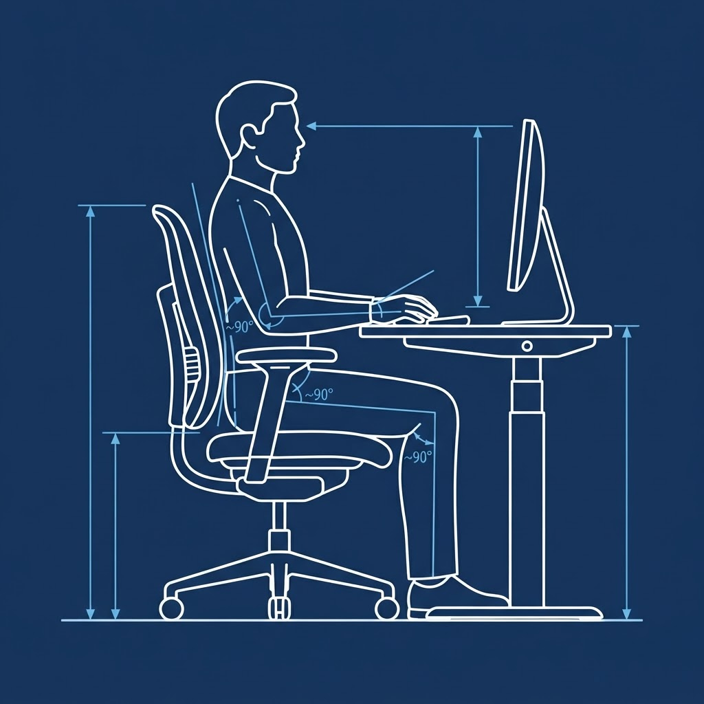 Diagram of correct seated posture at an office workstation, with 90-degree angles marked at the elbow, hip, and knee, and the monitor set at eye level